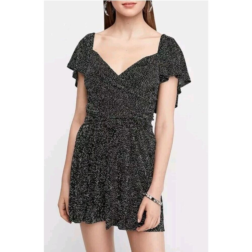 Express Womens Flutter Sleeve Romper Silver Dot Size XS Black